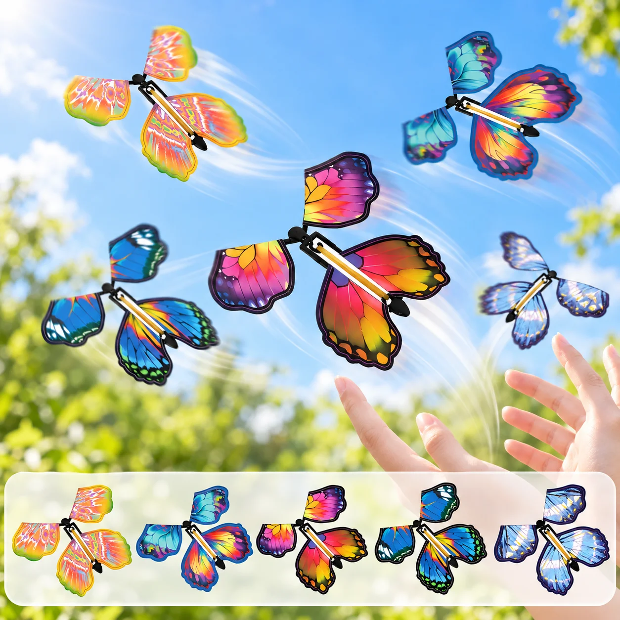 Wind Up Flying Butterfly Toy, Rubber Band Powered Rotating Wings with Colorful Patterns for Outdoor Play and Surprise Gifts