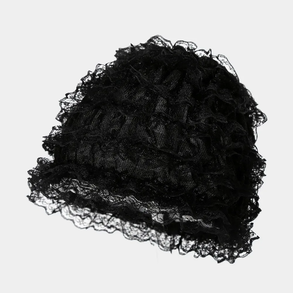 

Soft Beauty Lace Curling Hat Breathable Polyester Elastic Curly Hair Hat Brimless Beanie Solid Color Elderly Beauty Cap