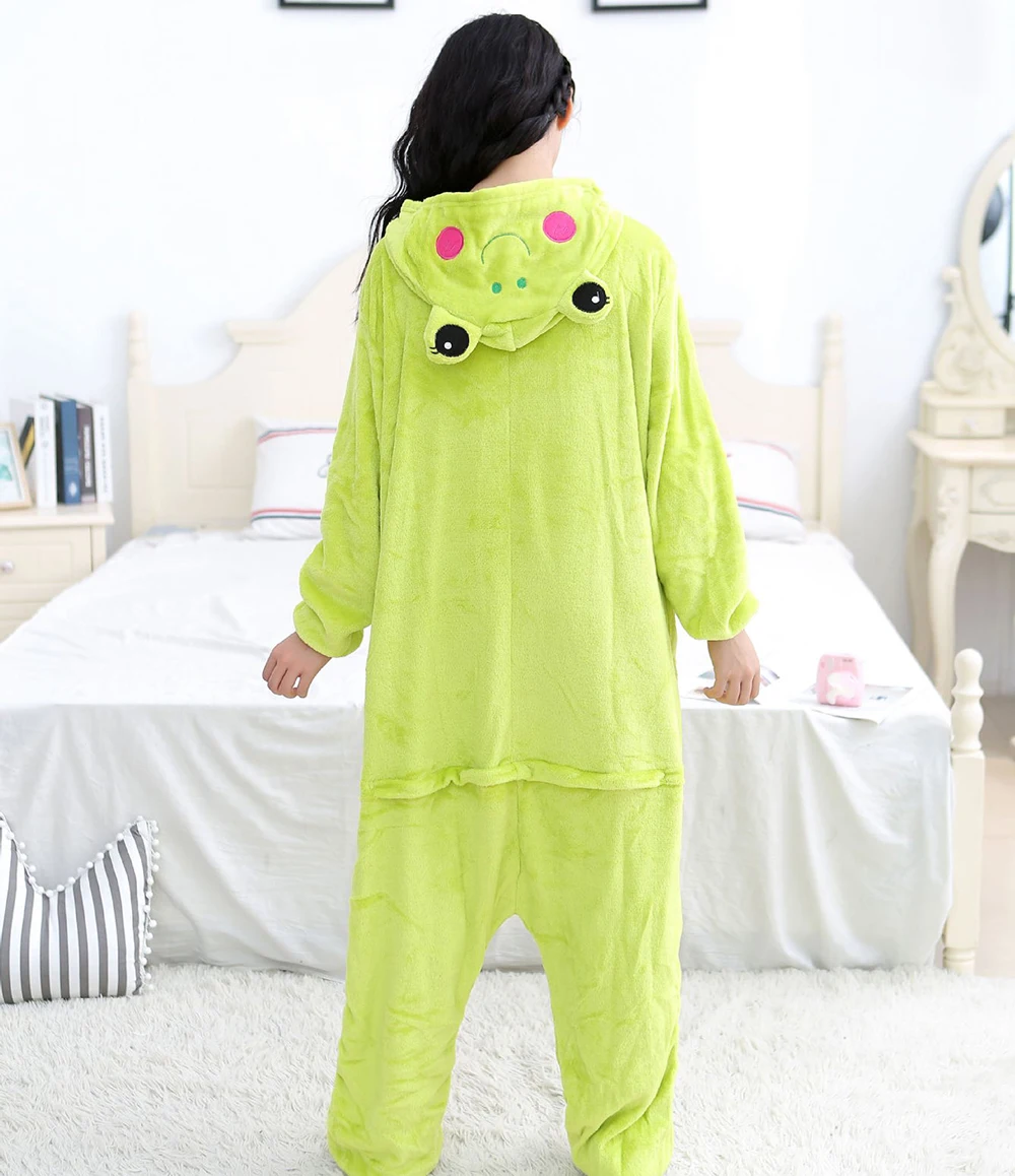 Adult Frog Onesie Costume Pajamas Flannel Cosplay One Piece Pyjamas Jumpsuit Hooded Loungewear Halloween Christmas Sleepwear