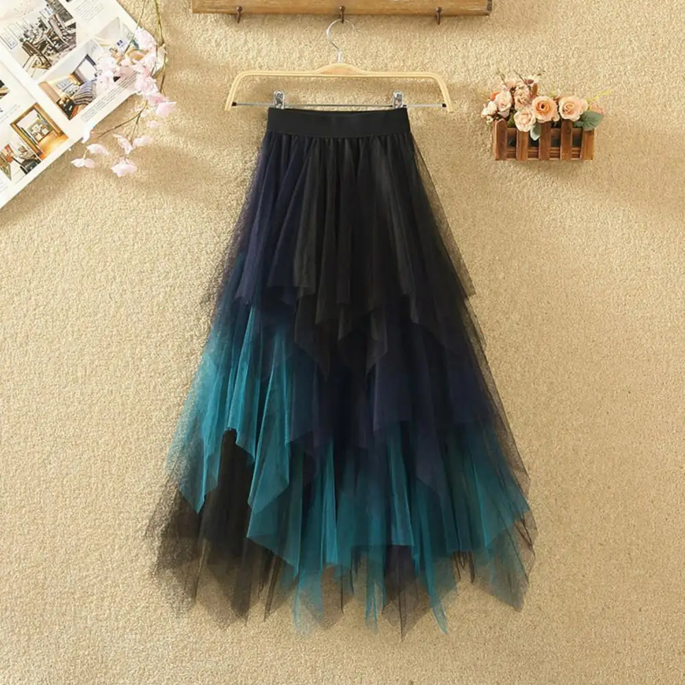 Comfortable All-day Wear Skirt Colorful Mesh Multi-layered Midi Skirt with High Elastic Waist for Women Irregular Soft Pleated