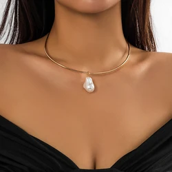 Lacteo Vintage Gold Color Metal Chain Collar Necklace Irregular Imitation Pearl Pendant Choker Women Jewelry Gift Wedding Girls