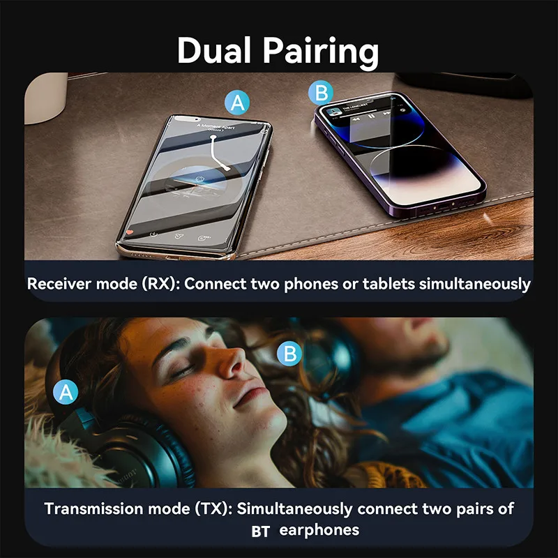 2-in-1 무선 어댑터 Bluetooth 송신기 수신기 자동차 헤드폰 앰프 용 RGB 효과가있는 듀얼 장치 연결