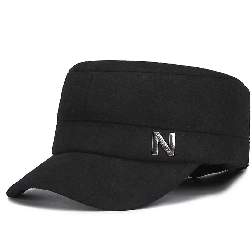 Autumn Winter Men Woolen Felt Flat Top Cap Hat with Velvet Warm Earflaps Outdoor Casual Baseball Caps Casquette Male Cotton Hat