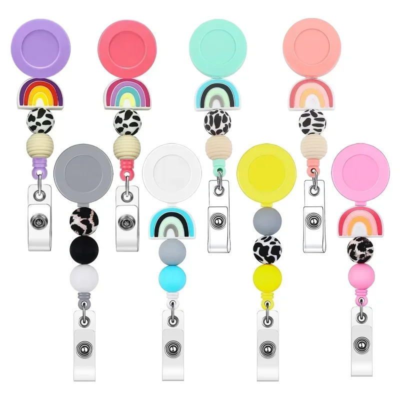 Rainbow Badge Reel ID Tag Badge Holder Reels for Staff Workers Card Clips Silicone Elastic Badge Reels Pass Work Card Clips