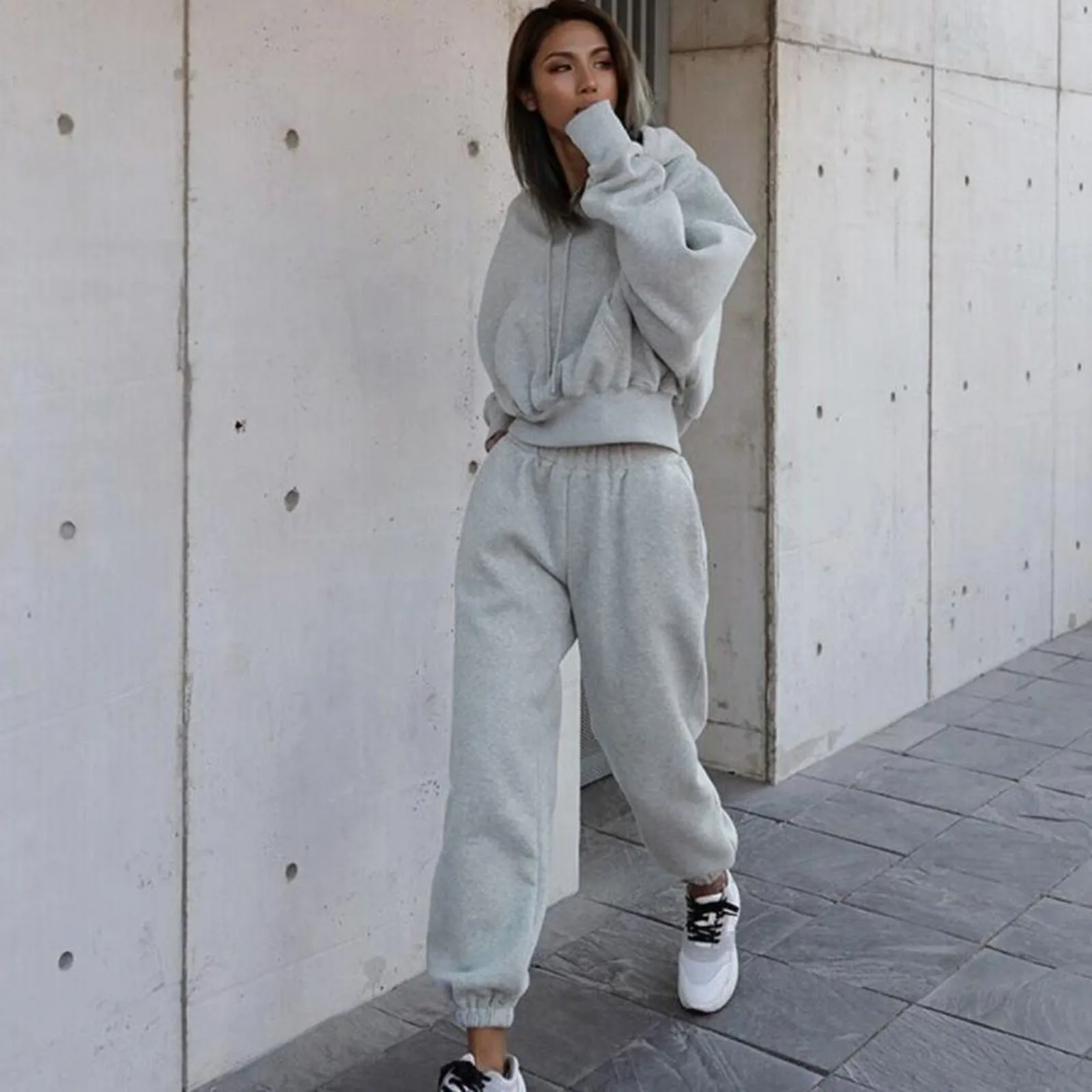 Y2K Street 2 Piece Set Autumn Sport Leisure Trouser Suits Solid Color Loose Hooded Cropped Sweatshirts And High Waist Sweatpants