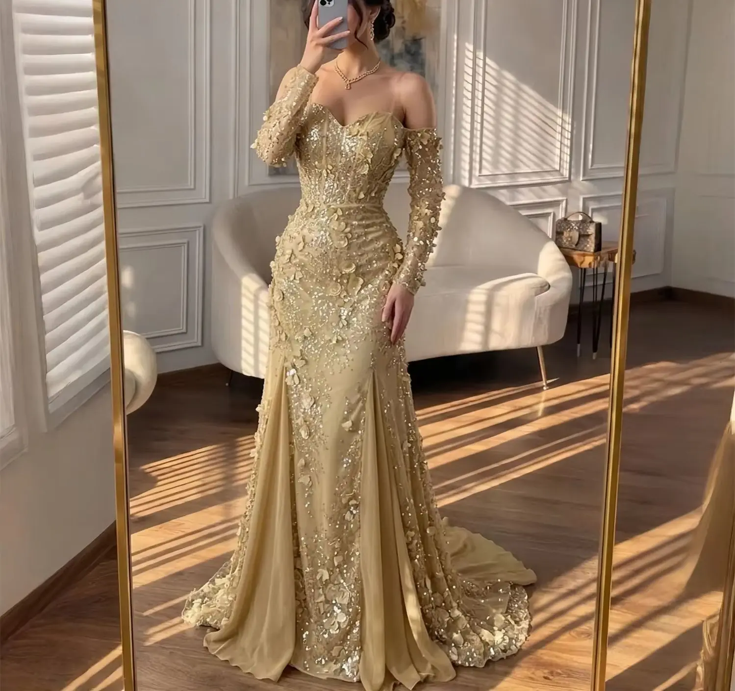 Customized Sequined Prom Dresses Women Sexy American Style Gold Formal Events Evening Dresses Collection Latest Luxury 2026