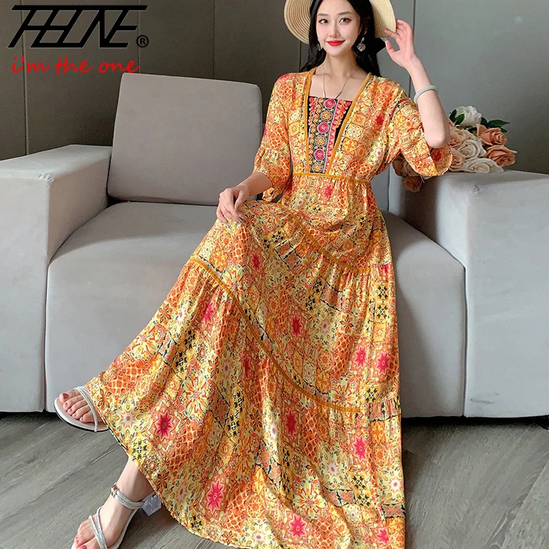 Women Indian Summer Dress Vintage Korean Style Boho Floral Casual Loose Holiday Cotton Long Elegant Dresses Vestidos Para Mujer