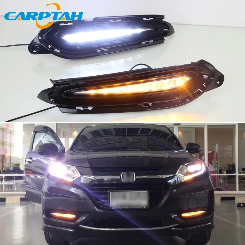 Car LED DRL Daylights For Honda HRV HR-V 2015 2016 2017 2018 Yellow Turn Signal Daytime Running Headlamps Driving Lamp