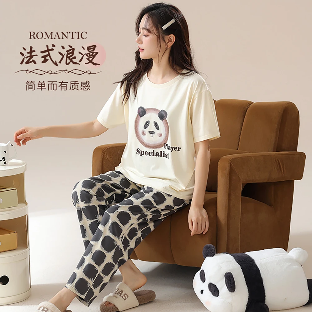 

M-2XL Summer Short Sleeve Pijama Sleepwear 100% Cotton Antibacterial Breathable Women's Pajamas Sweet Cute Cartoon Trousers Sets