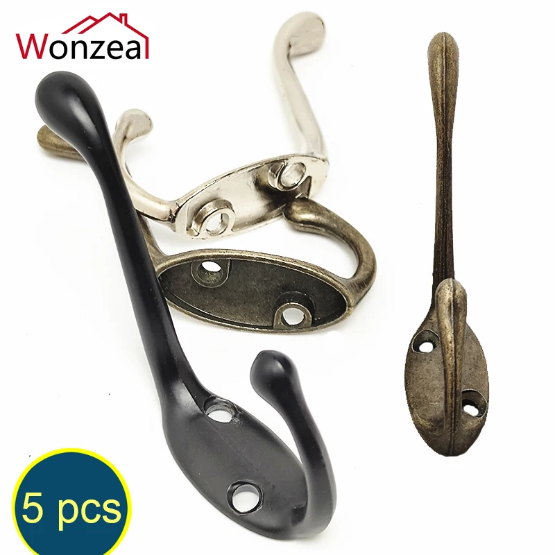 5pcs Vintage Wall Hook Rack Coat Bag Hat Clothes Hanger Dual Prong Retro Hooks Wall Hanging Hooks Home Kitchen Wall Door Holder