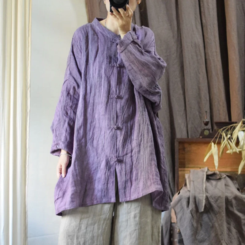 Chinesischen Stil Frauen Casual Leinen Hemd Neue Ankunft 2025, Frühling Vintage Stehkragen Lose Weibliche Lange Tops Shirts M1458