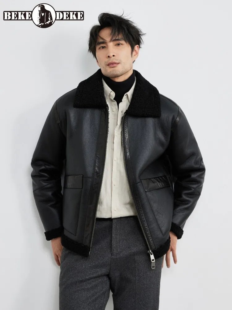 

Winter Mens Natural Real Fur Coat Turndown Collar Solid Color Zipper Streetwear Thicken Warm Genuine Leather Shearling Jacket