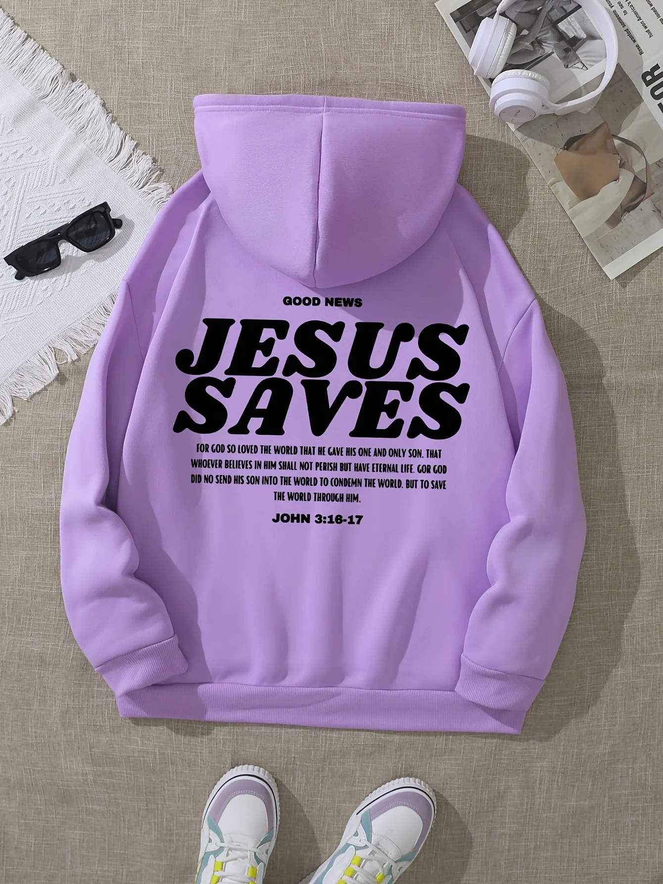 سترة أنيقة بغطاء للرأس مطبوعة بحروف من Jesus Saves مع سويت شيرت كاجوال برباط وأكمام طويلة وجيب Harajuku للجنسين