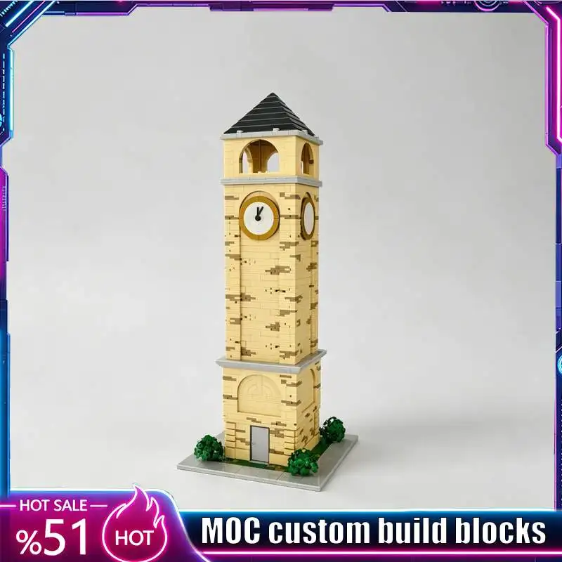 2850PCS Vintage Yellow Brick Tilted Clock Tower Custom Building Blocks MOC Model Desktop Display Collection Educational Toy Gift