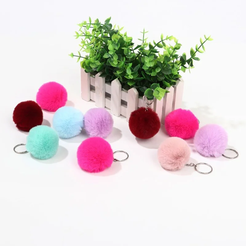 8CM Fluffy Rabbit Fur Ball Key Chain Cute Candy Colors Pompom Artificial Rabbit Fur Keychain Women Car Bag Key Ring