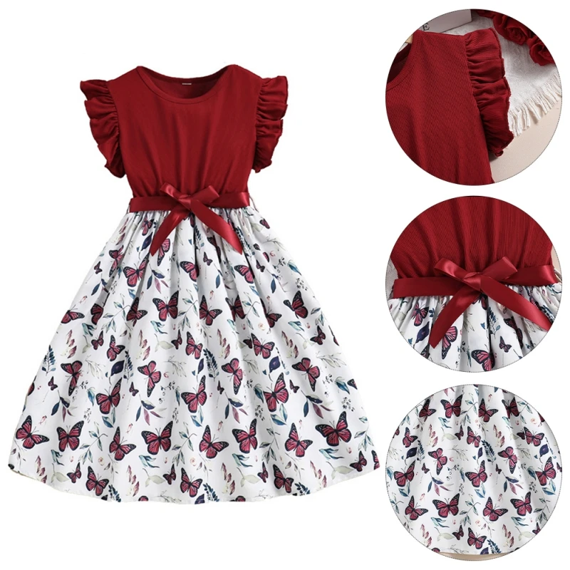 

Kids Girls Dresses Butterfly Print Flying Sleeve Teenager Princess Dress Summer Children Wedding Birthday Party Clothing