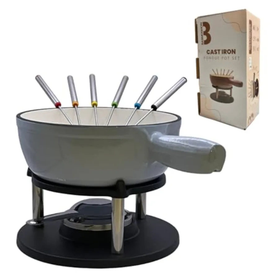 

Cast Iron 9-pcs 2L Fondue Set for Cheese Meat Oil Chocolate: Black Non-Electric Fondue Pot with Accessories Swiss-Style Melting
