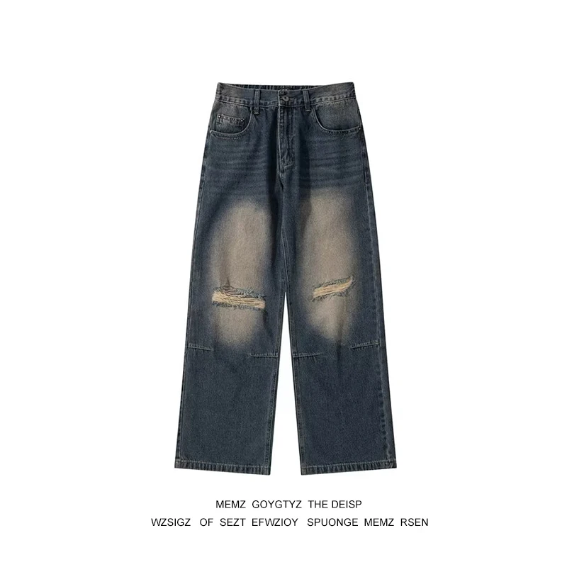 

Retro American Washed Hole Straight Leg Loose Jeans Men Women Trendy High Street Wide Leg Long Trousers Fashionable