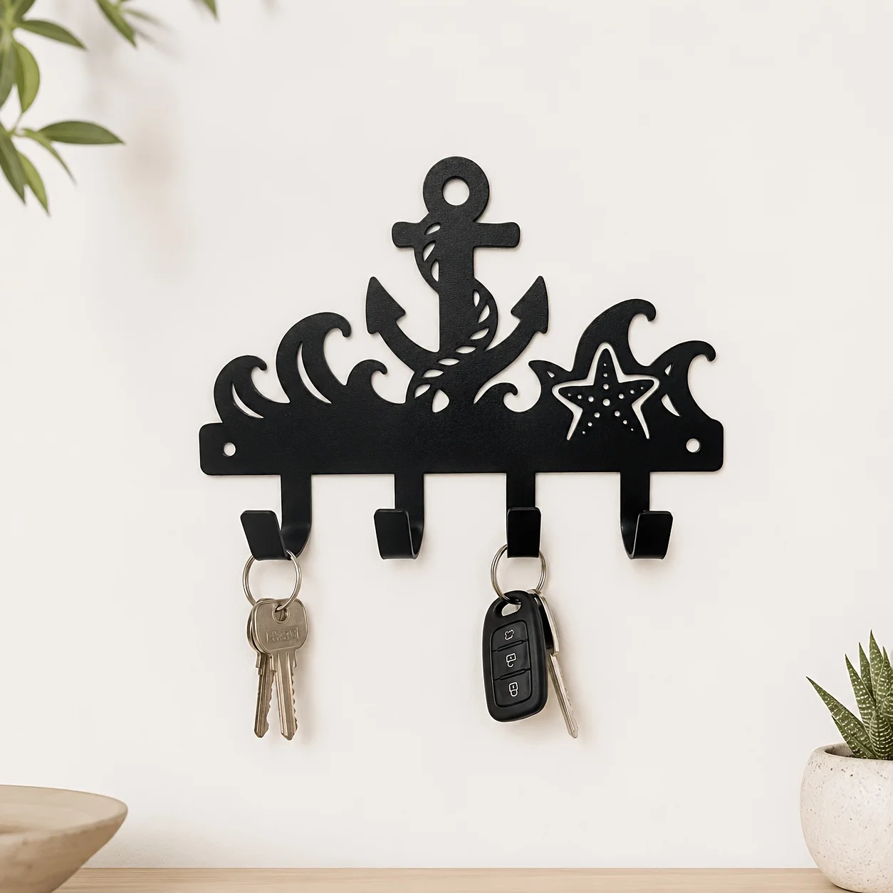 CIFBUY 1pc Nautical Metal Wall Key Holder with 4 Hooks Anchor Starfish Wave Design for Keys ID Badge Lanyard Storage Entryway