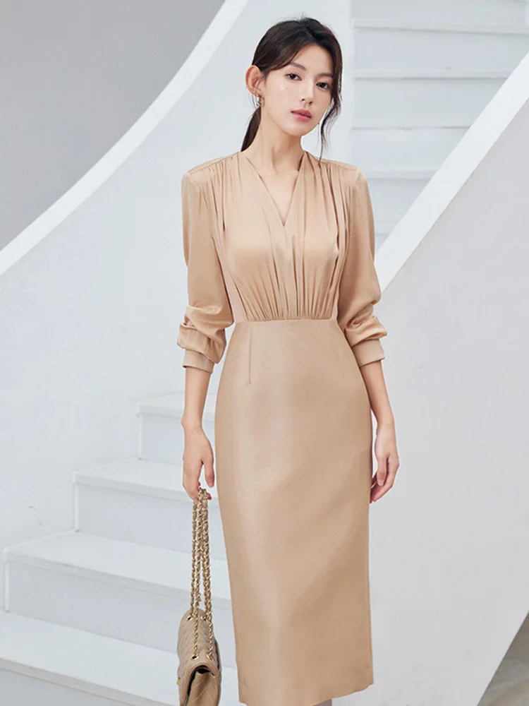 Champagne Colored Dr Elely Simple High Waist A-Line Skirt Long Sve V-Ne Polyester Fiber Office Wear Autumn Season