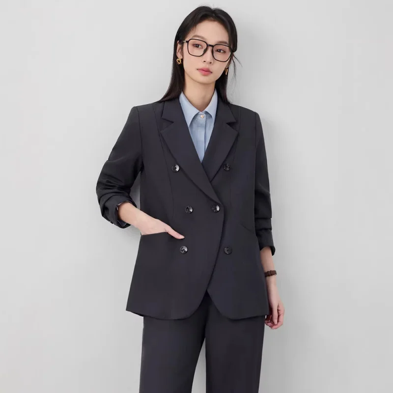 2026Black women's suit set, new spring and autumn double-breasted professional attire, formal interview wear, stylish commuting