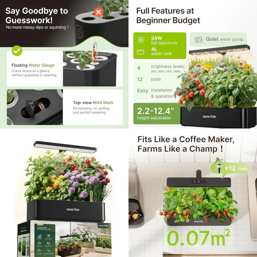 Hydroponics Growing System Kit 12 Pods, 24W LED Grow Light Indoor Garden, 4L Water Tank with Quiet Pump, Adjustable Height Herb