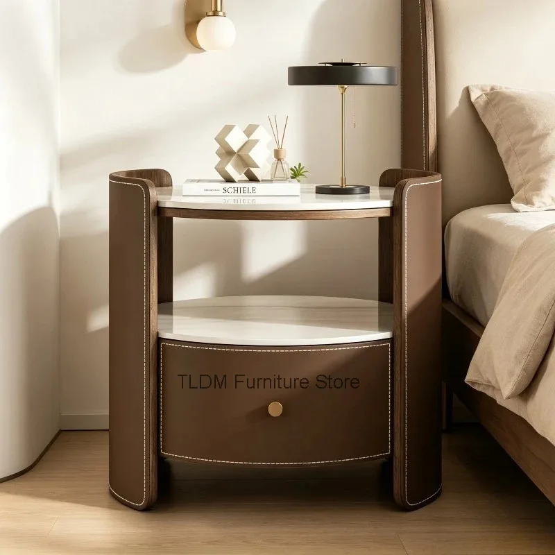Mid Century Curved Leather Wrapped Nightstand Dual Layer Round Solid Wood Frame Soft Edge Bedroom Sofa Accent Storage End Table