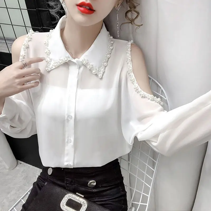 Sexy Off Shoulder Sheer Elegant Chic Beaded Black White Button Up Shirt Fashion Korean Long Sleeve Loose Top Blouse Women Blusas