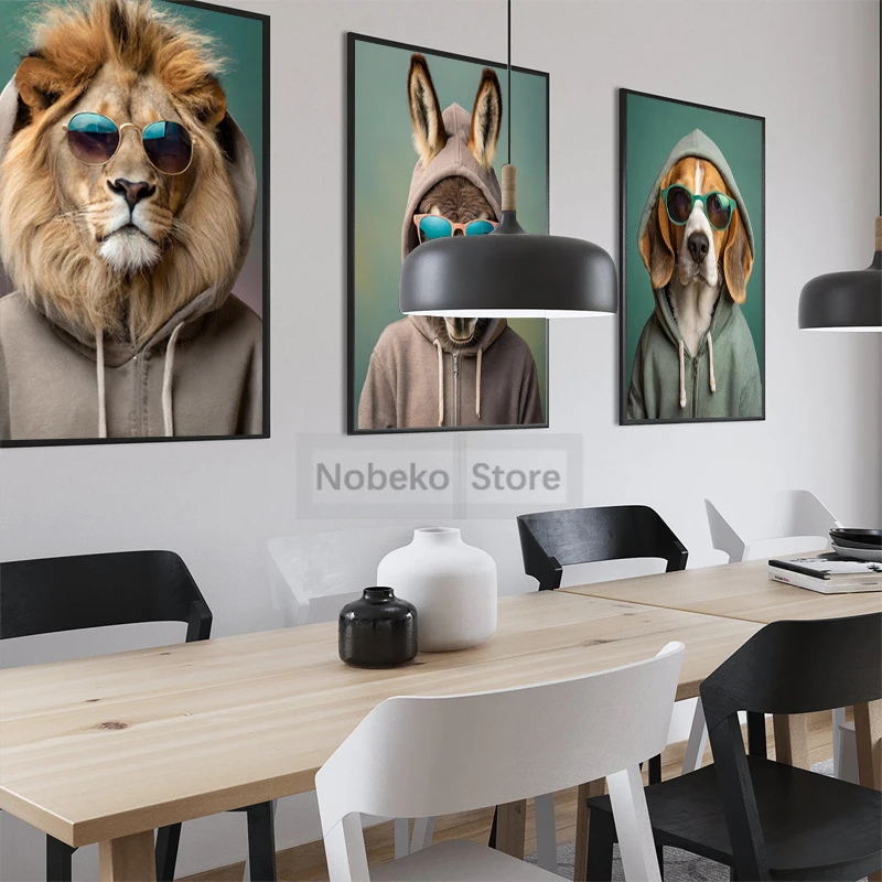 Funny Animal in Hoodie Poster Vintage Animals Portrait Prints Canvas Painting Wall Art Pictures Home Living Room Decoration