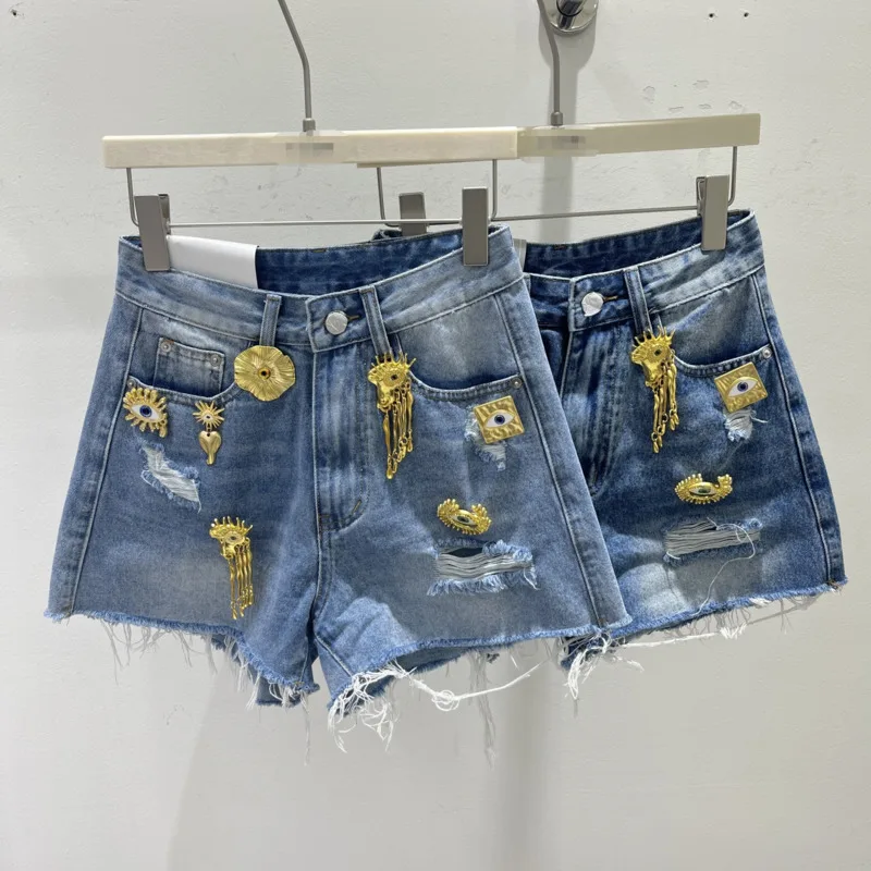 ANJY Spring Summer New Women Heavy Metal Decoration Ripped Fashion Niche Denim Shorts Stylish Washed Distressed Hot Pants A25226