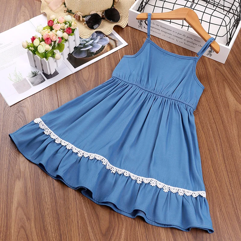 Girl Summer New Blue Lace Halter Dress Cute Vacation Daily Casual Fashion For 2-6Ys Kids Preppy Pastoral Style Outifit