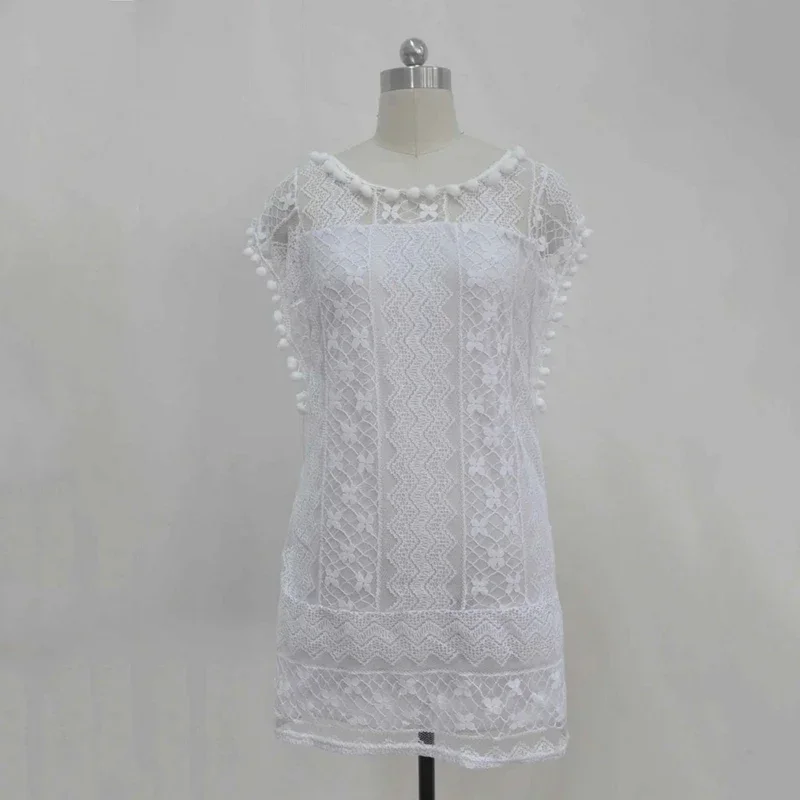 Summer White Women Dress 2024 Casual Sleeveless Beach Short Dress Female Sexy Tassel Mini Lace Dress vestidos de tricô femenino