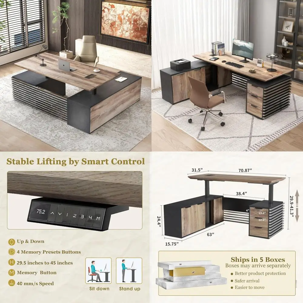 

Угловой стол-трансформер с ящиками, большой офисный стол с регулируемой высотой, кабель-каналом и USB-портами, черный и теплый дуб F