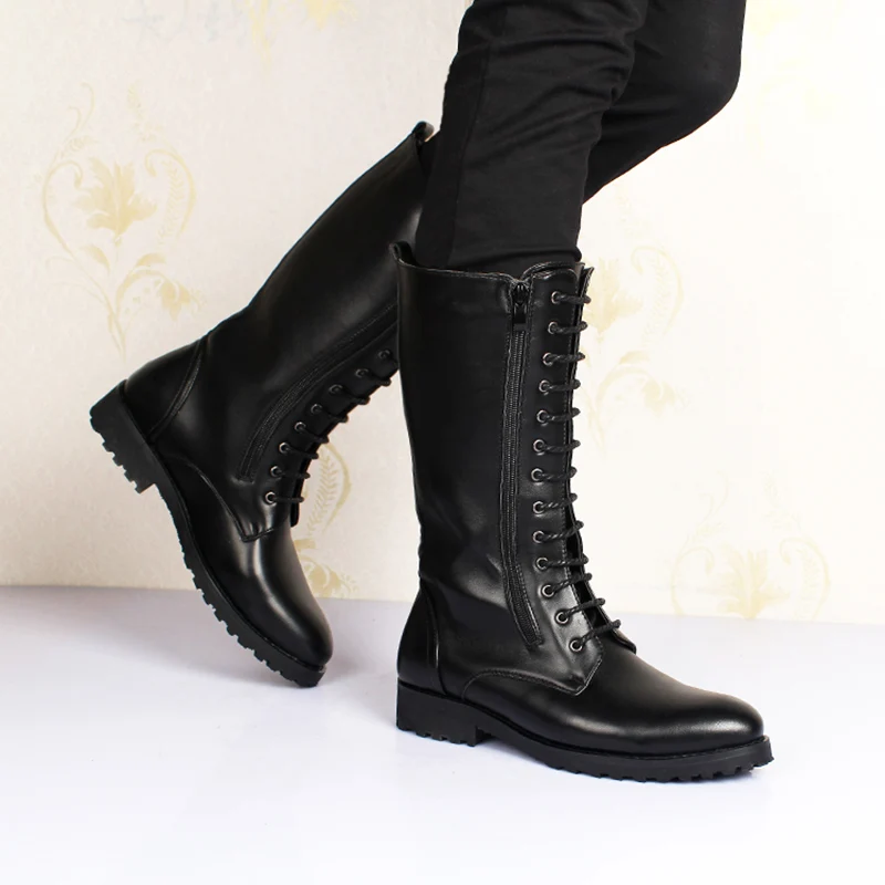 men's luxury fashion high boots stage nightclub dress genuine leather shoes autumn winter motorcycle boot knight long botas mans view 4