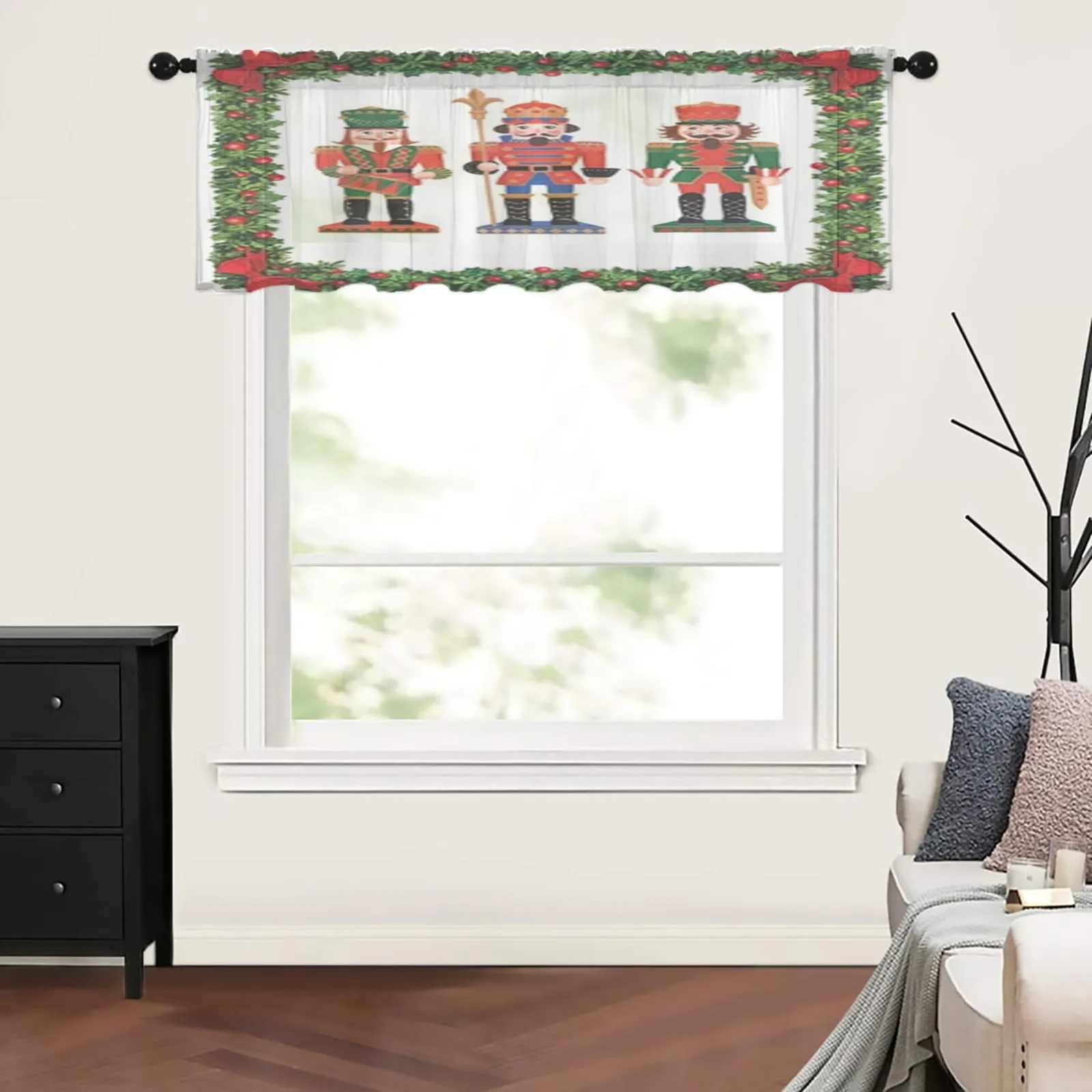 Nutcracker With Leaves Balls And Bows Short Sheer Curtains For Living Room Bedroom Kitchen Tulle Curtains For Window Treatments