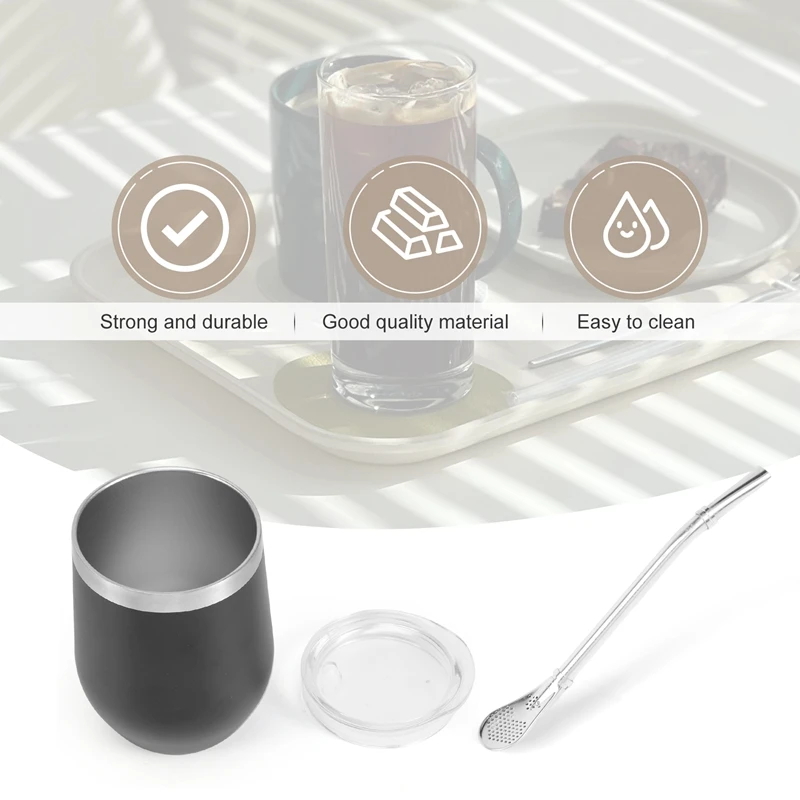 Copo de chá de aço inoxidável de parede dupla com tampa, colher, palha, bombilla, escova do filtro principal