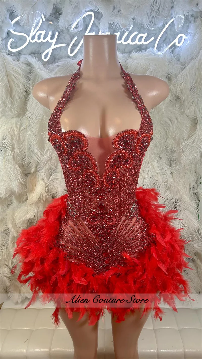 Shining Red Crystal Short Prom Dress For Black Girl Homecoming Senior Cocktail Dress Birthday Party Gown 2025 Feathers Customiz