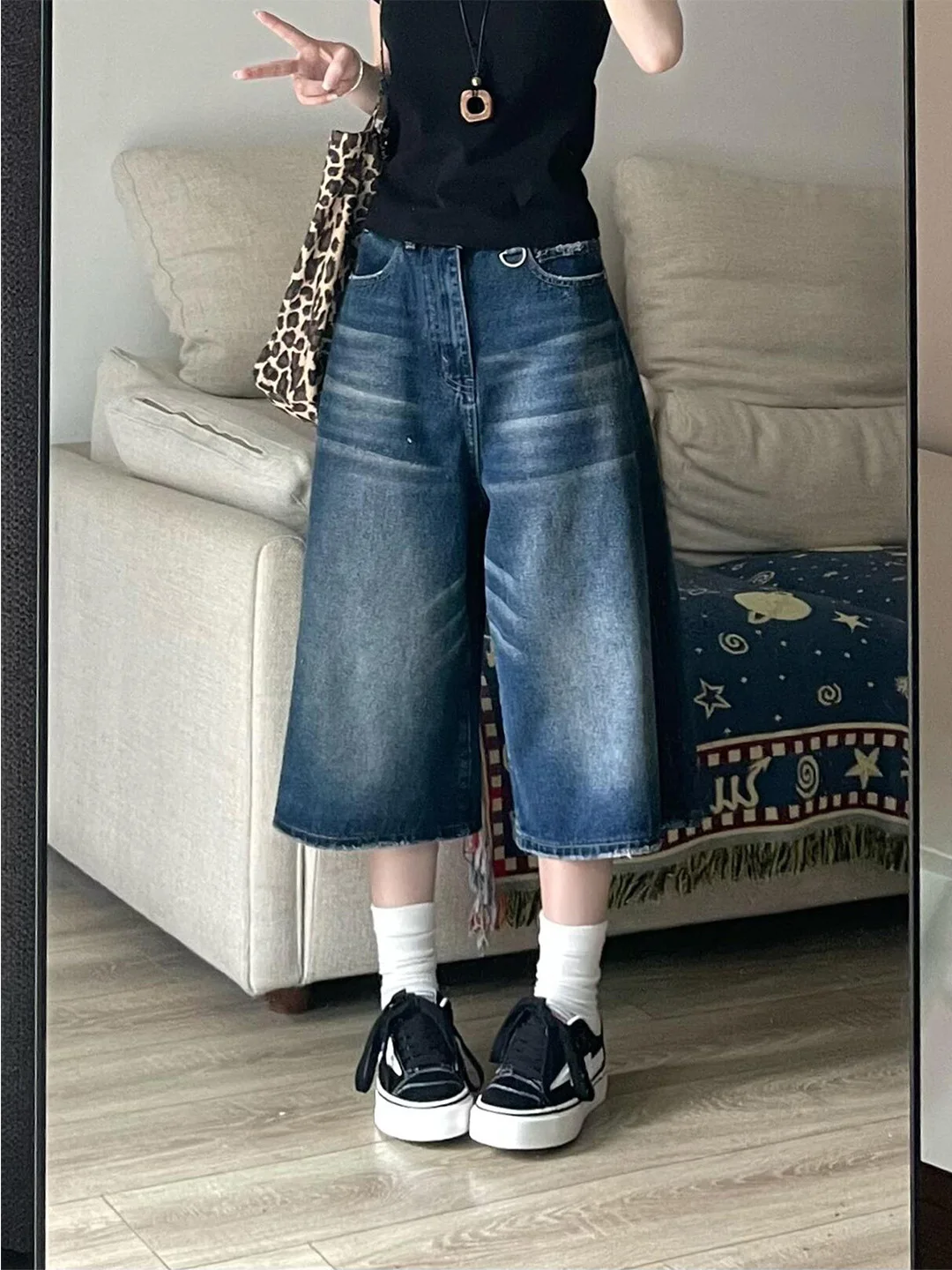 

Summer 2026 Women's Vintage Washed Short Jeans Low Waist Wide Leg Thin Style Seven Pockets Breathable Comfortable High Elastic