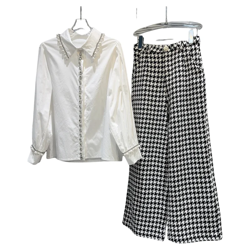 

Faionable Pearl Decorated Diamond Collar irt And Wide Leg Pants Set Autumn 2025 Small Fraance Sle ular Ensemble
