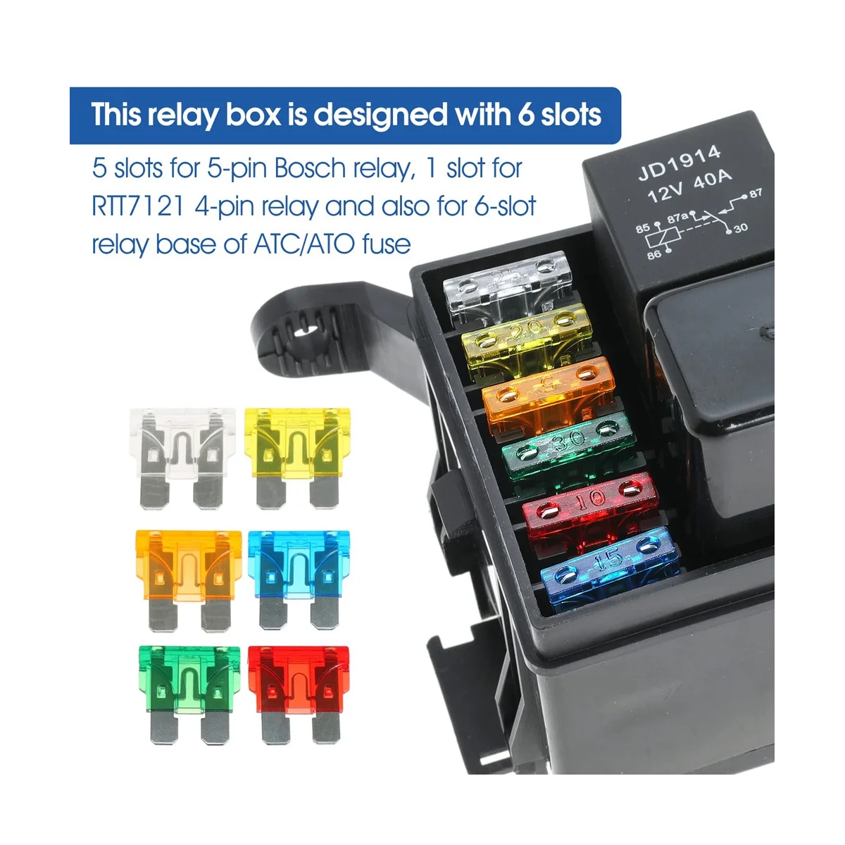 12V Fuse and Relay Box Kit with 6 Slots Relay Block and ATC/ Blade Fuse with Metallic Pins Spade Terminals