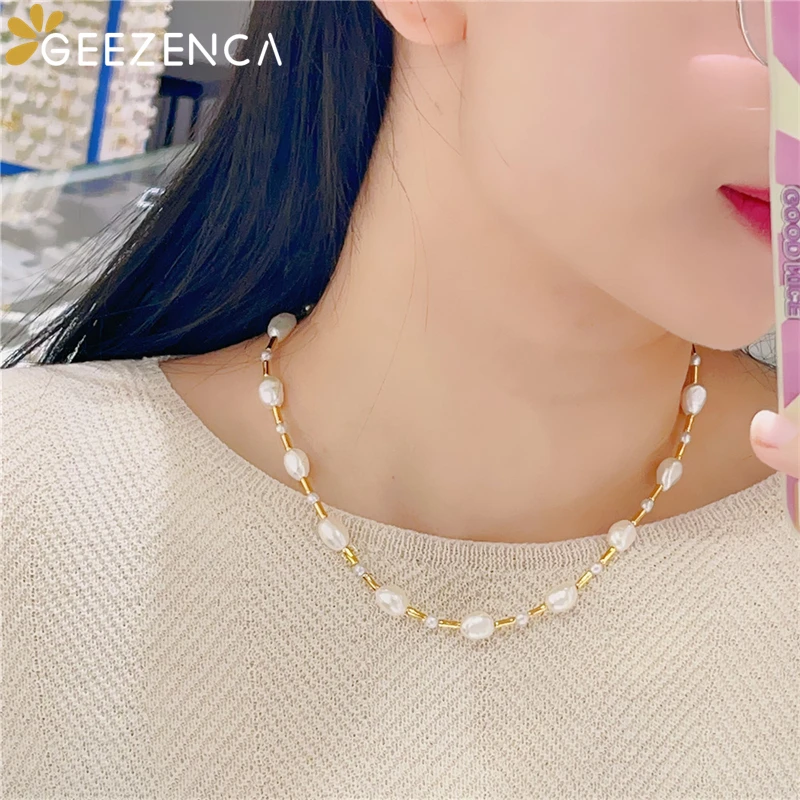 GEEZENCA Natural Baroque Pearl Beads 925 Silver 40cm Chokers Necklace For Women Luxury Trendy 18K Gold Necklaces 2023 New Gift