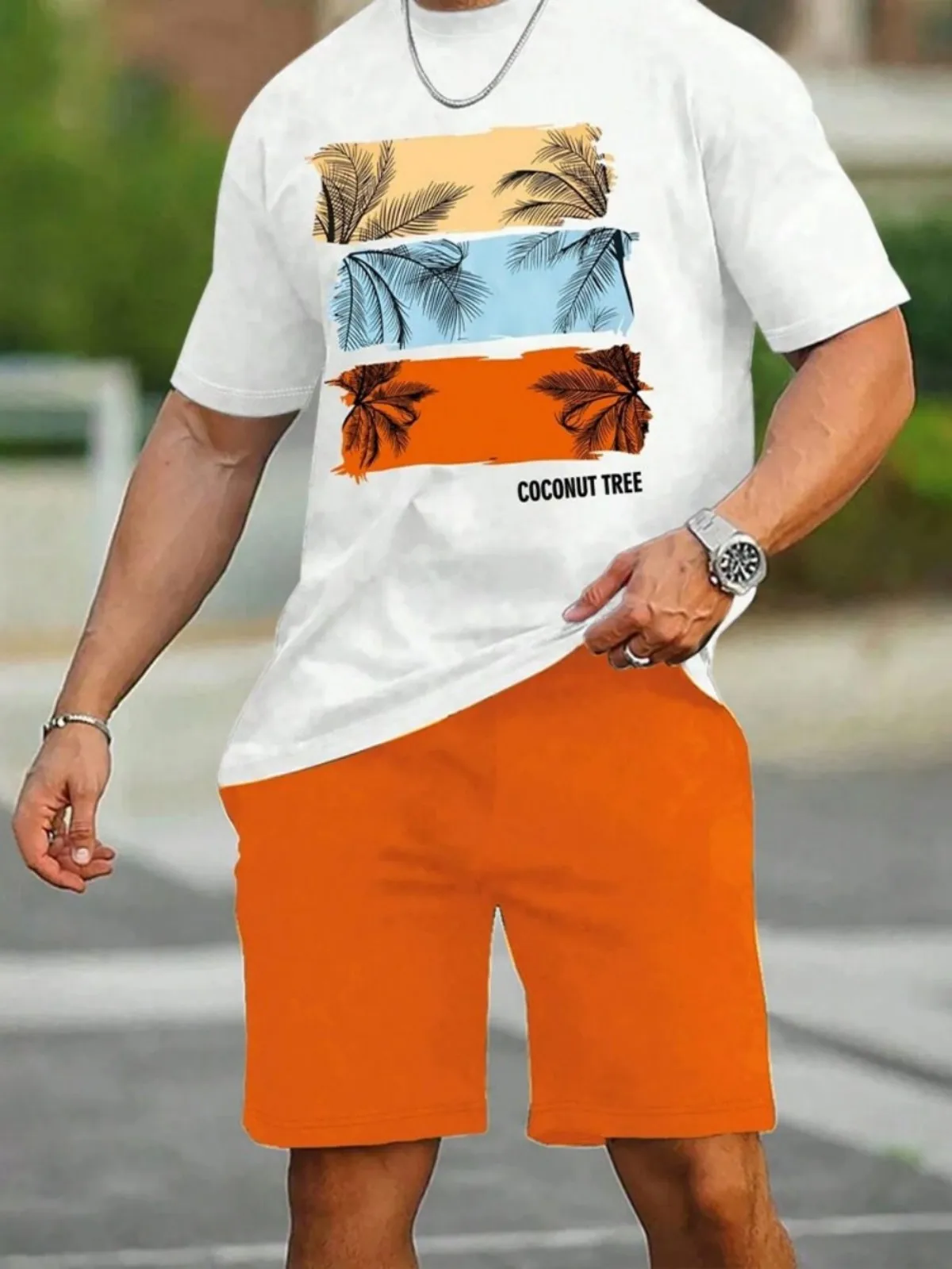 

New Men's Gradient Printed Comfortable Breathable Round Neck T-shirt Shorts Set Outdoor Leisure Travel Vacation Two Piece Set