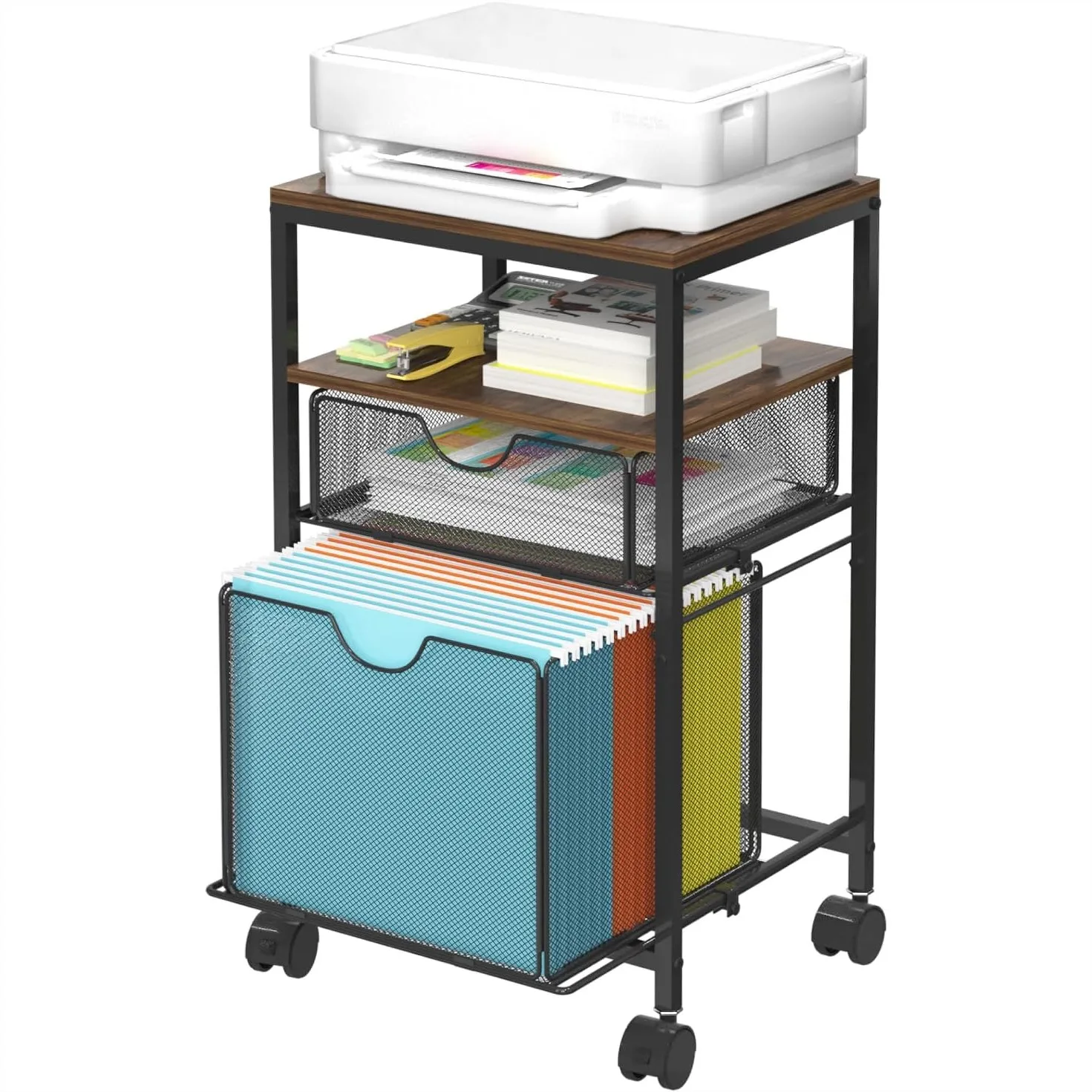 

Rolling File Cart with 2 Drawers, Wood & Mesh Hanging File Organizer Under Desk, Mobile Filing Cabinet for Home Office