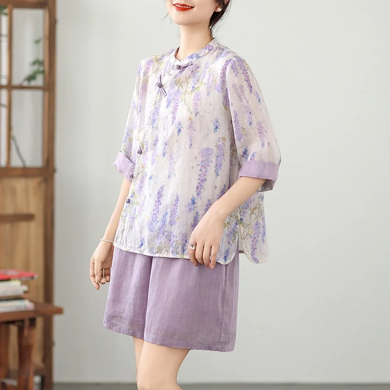 

2025 New Summer Thin Two Piece Sets Womens Outifits Chinese Style Floral Print Purple Blouse + Casual Shorts Sets