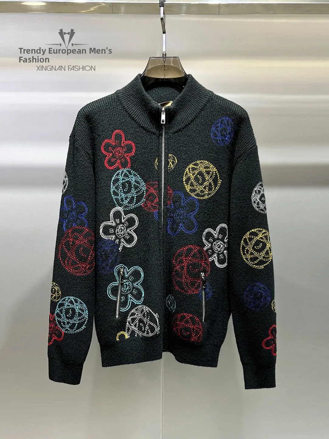 

Men's Knitted Wool Cardigan Winter fiti Embroidery Faion Casual Long Sve Stand Collar Warm Base irt Street Sle