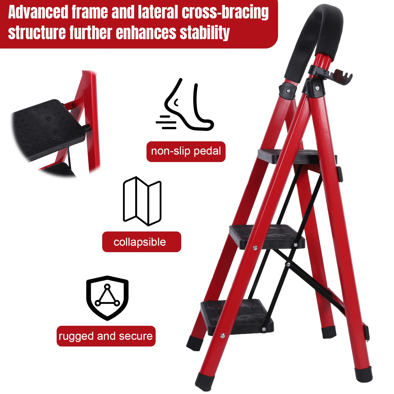 

Portable 3 Step Steel Folding Ladder with Max Load 330lbs Sturdy Step Stool for Home RV Outdoor Indoor Tasks