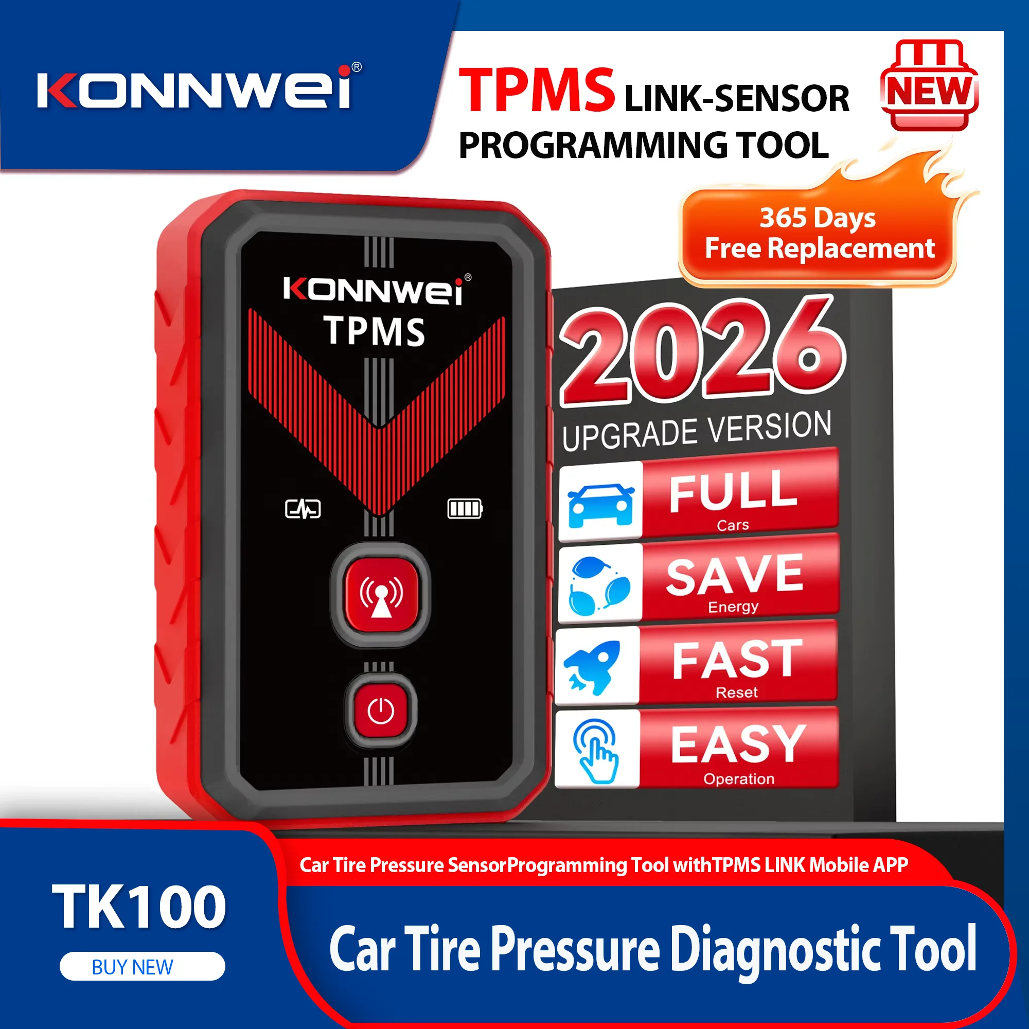 

2026 KONNWEI TK100 TPMS Car Tire Pressure Diagnostic Tool Relearn 1PC 315/433Mhz Sensor For iPhone Android TPMS Programing free