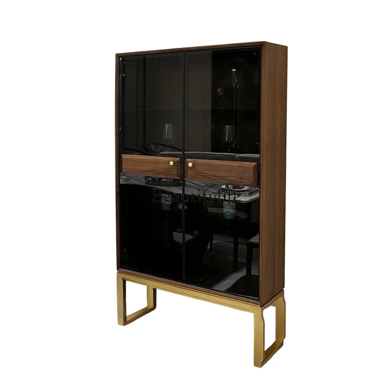 

Italian light luxury solid wood wine cabinet double door glass cabinet against the wall modern simple luxury