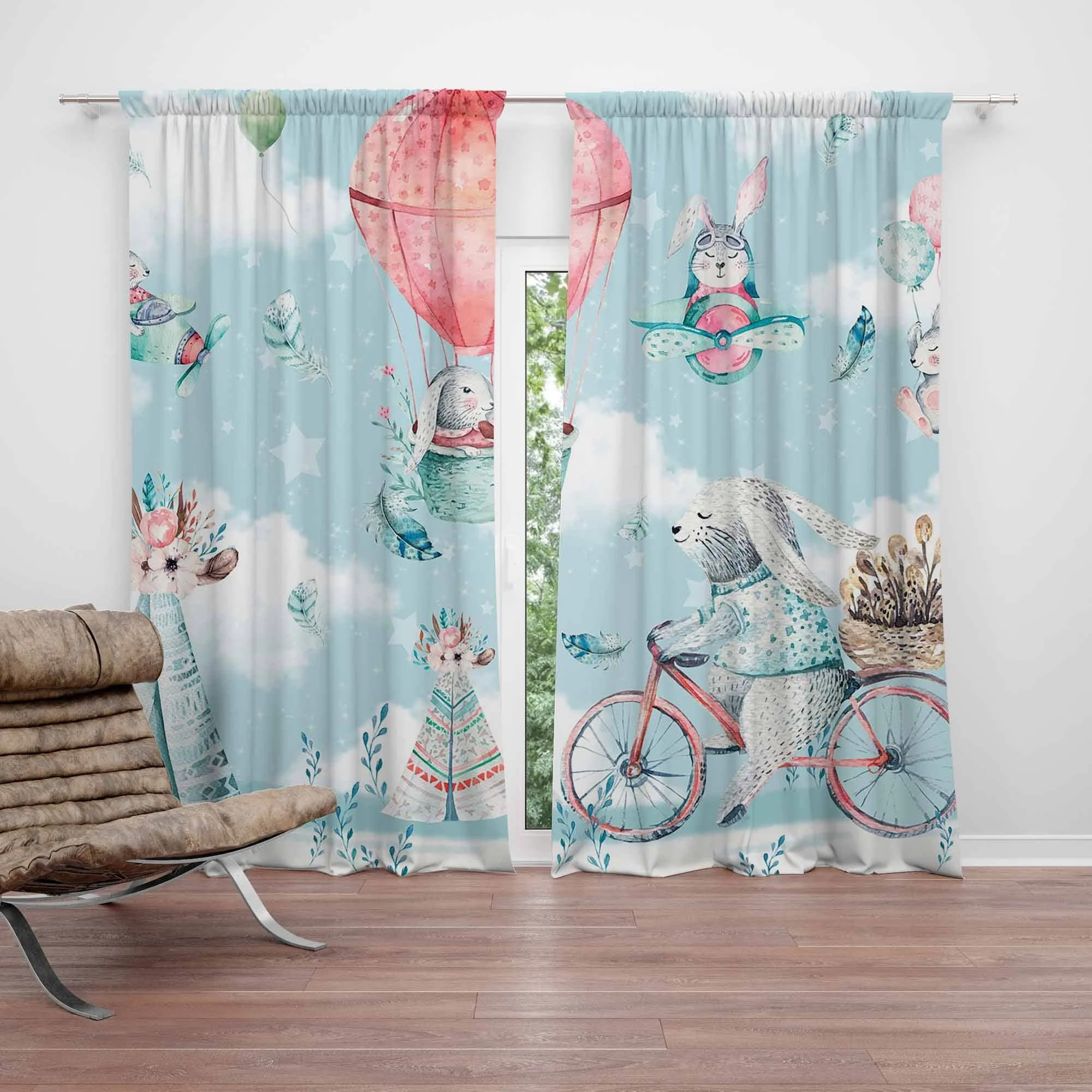 Whimsical Hot Air Balloon Rabbit Nursery Curtains Boho Nursery Decor Cute Kids Room Window Treatment