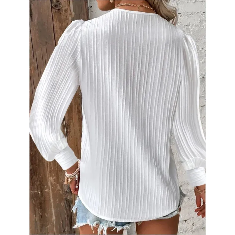 2024 Spring Long Sleeved V-neck Lace Patchwork Shirt For Women Casual Solid Color Pullover Blouse Office Cloting Femme Blusas